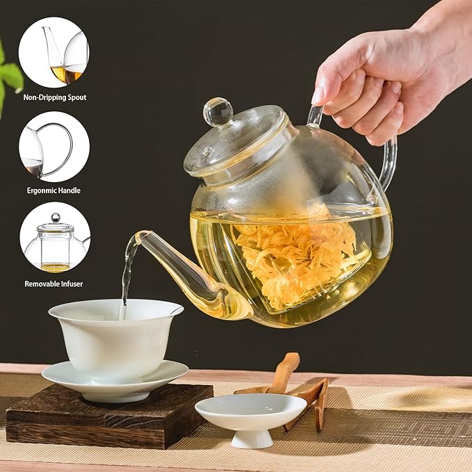 1530 ml/52 oz Large Glass Teapot with Removable Infuser, Clear Tea Kettle Stovetop Safe for Loose Leaf and Blooming Tea, Tea Lover's Choice - Bloomnest