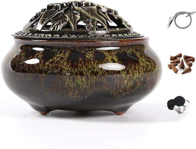 Incense Burner with Calabash Incense Stick Holder - Porcelain Charcoal Censer for Use with Resin Granular Powder Cone or Coil Incense (Fambe Green) - Bloomnest