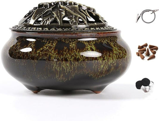 Incense Burner with Calabash Incense Stick Holder - Porcelain Charcoal Censer for Use with Resin Granular Powder Cone or Coil Incense (Fambe Green) - Bloomnest