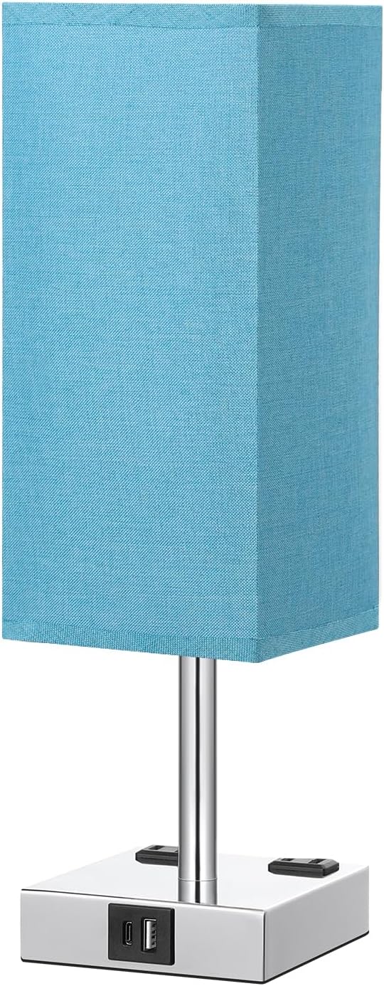 Touch Bedside Table Lamp for Nightstand - 3-Way Dimmable Night Lamp with USB A + Type C Charging Ports and Two AC Outlets, Small Desk Light with E26 Bulb for Bedroom Living Room Dorm, Turquoise - Bloomnest