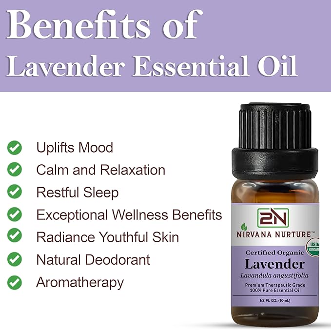 Lavender Essential Oil USDA Certified Organic, 100% Pure Natural Premium Grade, Undiluted- Aromatherapy Diffuser for Calm and Relaxation, Skin Care, Hair Care NirvanaNurture