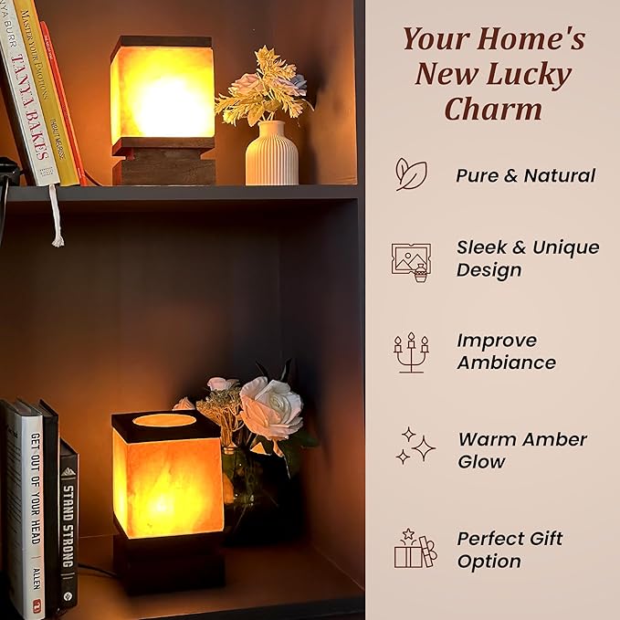 POHS 100% Authentic Cube Shape Himalayan Pink Salt Lamp with Brown Wooden Base, Dimmer Switch Cord and Two Bulbs, Night Light for Home and Office Table and Desk, Gift and Decor