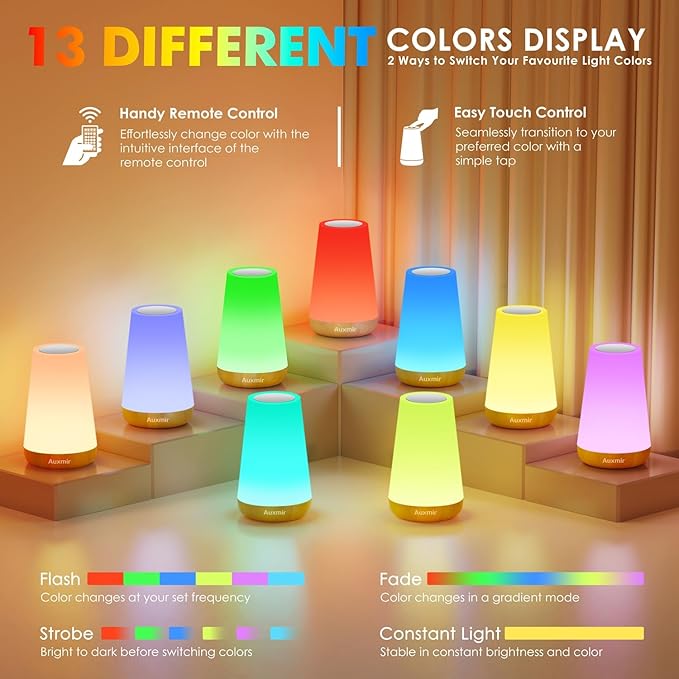 Auxmir LED Night Light Bedside Lamp Touch and Remote Control Dimmable Tabletop 13 RGB Colors Changing 5 Brightness Adjustable Rechargeable Portable Lamp for Baby Kids Nursery Bedroom Bathroom Camping - Bloomnest