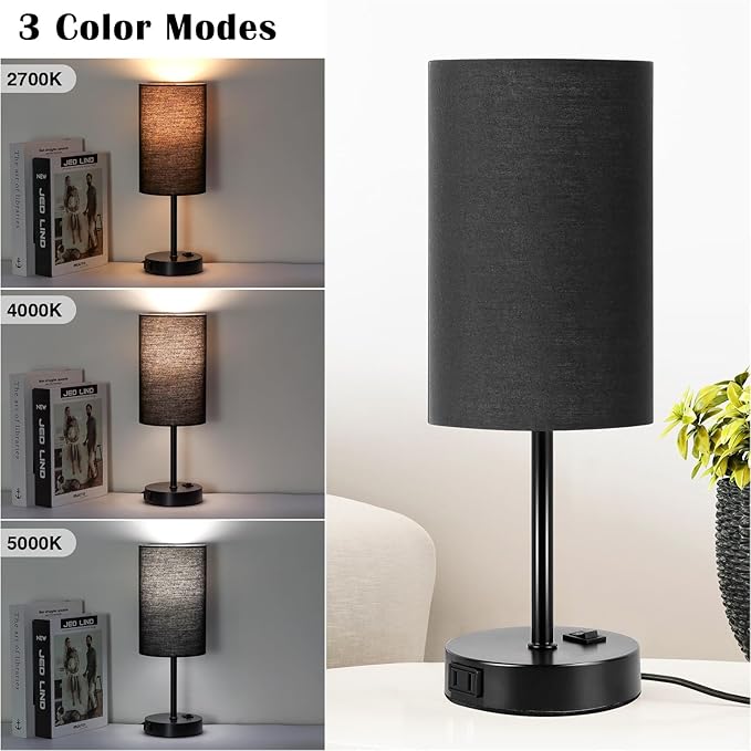 ZJOJO Table Lamp for Bedroom Set of 2, Bedside Small Lamps with 3 Way Dimmable Rocker Switch and AC Outlet, Nightstand Desk Lamp with Black Fabric Shade Black Base for Living Room Home Decor Lights - Bloomnest