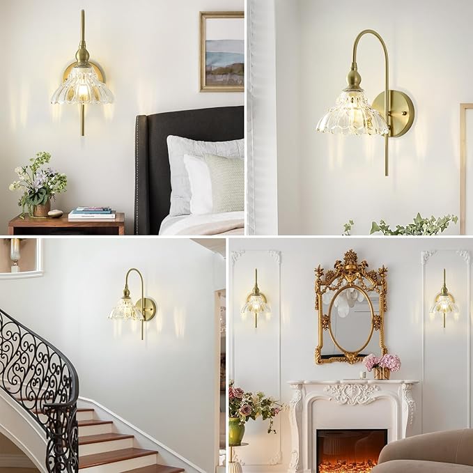 Vintage Wall Sconces with Clear Flower Glass Lampshade, Indoor Bath-Room Wall Sconce, Modern Gold Industrial Lighting Fixture for Mirror Living Room Hallway 1 Pack - Bloomnest