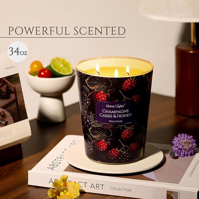 HomeLights Scented Candles for Women & Men, 34oz Candle Jars Aromatherapy 3-Wick Candle, Ideal for Eclectic Mixed Styles Home Decor and Gifts, Champagne Cassis & Honey - Bloomnest