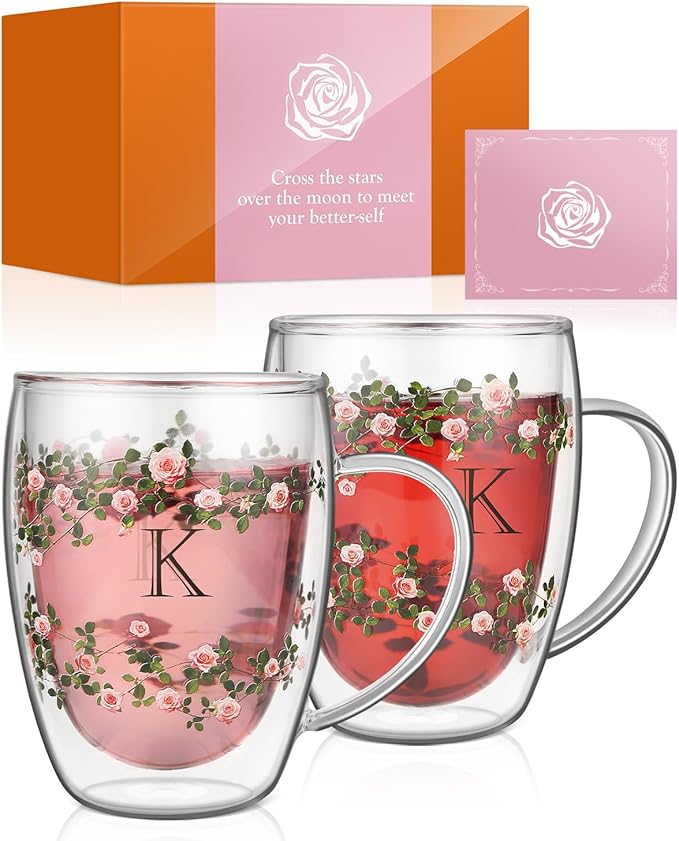 Initial Glass Cup for Women, 12oz Rose Double Walled Glass Coffee Mugs, Personalized Gifts for Women, Initial Coffee Tea Mug with Scarf, Birthday Gifts for Her Mom Friend (ROSE-K) - Bloomnest