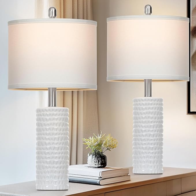 24.5" Modern Ceramic Table Lamps for Living Room ，Farmhouse Nightstand Lamps Set of 2 with White Linen Shade Office Reading Lamp ，Bedroom Lamps for Bedside End Table, Bedroom, Living Room, White - Bloomnest