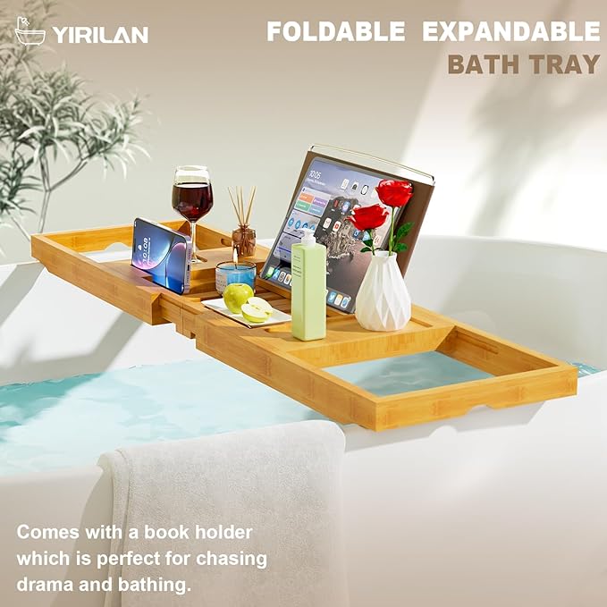 Yirilan Bathtub Trays for Tub,Bath Tray, Foldable Bathtub Caddy,Bamboo - Bloomnest