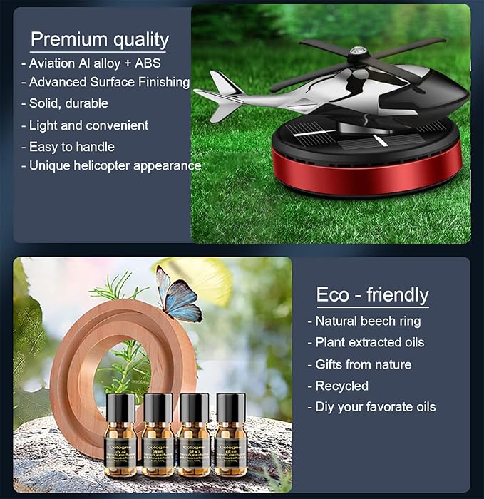 Al Alloy Solar Powered Rotating Helicopter Shape Car air purifier, Home and Car Interior Decoration Accessories (Red) - Bloomnest