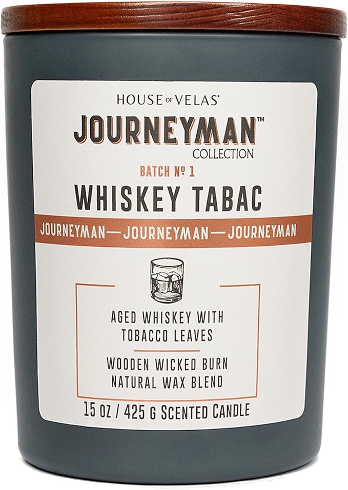 Journeyman Collection Candle, 15oz, Wooden Wick, Whiskey Tabac, Large Painted Jar - Bloomnest