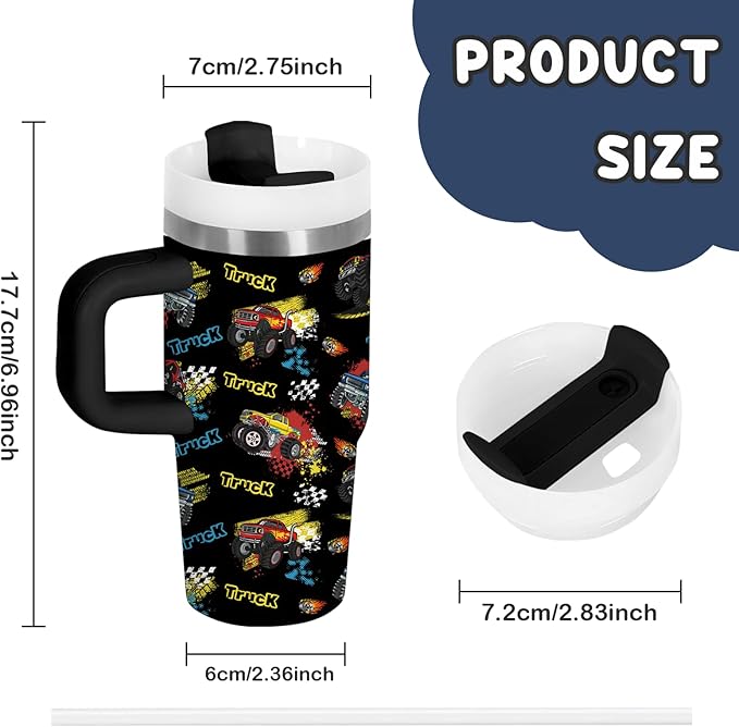 Monster Truck Tumbler Gifts for Boys - 14 oz Kids Tumbler with Handle & Lid, Stainless Steel Insulated Travel Mug, Featuring Monster Truck Designs, for School, Travel, Children's Birthday Gift (1pc) - Bloomnest