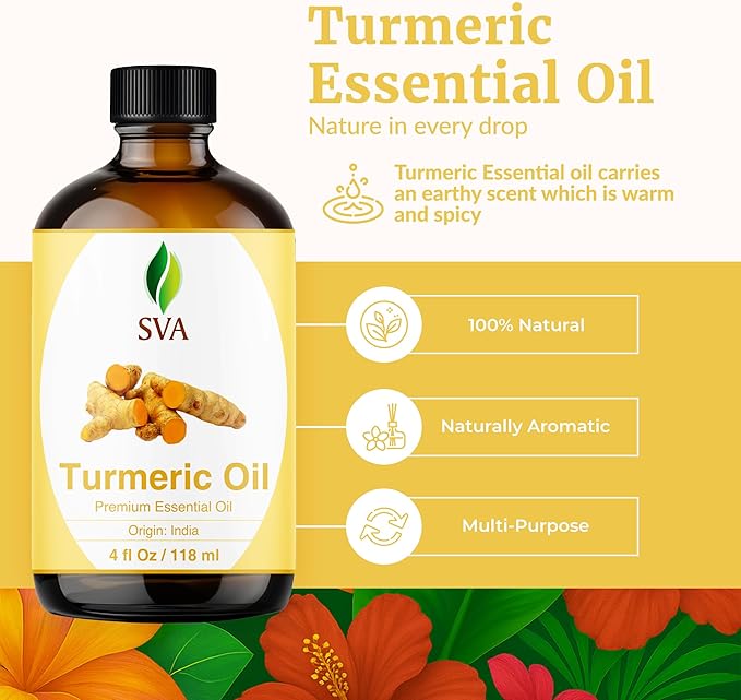 SVA Turmeric Essential Oil – 4 Fl Oz – 100% Natural Turmeric Oil - for Diffuser, Hair Care, Face, Skin Care, Aromatherapy, Scalp and Body Massage, Soap and Candle Making – with Dropper - Bloomnest