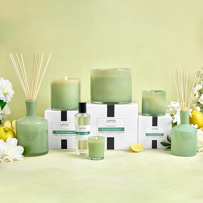 LAFCO New York Signature Candle, Fresh Cut Gardenia - 15.5 oz - 90-Hour Burn Time - Reusable, Hand Blown Glass Vessel - Made in The USA - Bloomnest