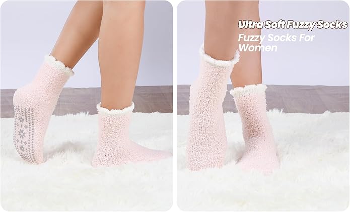 HUGSWEET 6 Pairs Thick Fuzzy Socks with Grip Cozy Non Slip Hospital Socks Home Fluffy Warm Slipper Socks Gifts for Women - Bloomnest