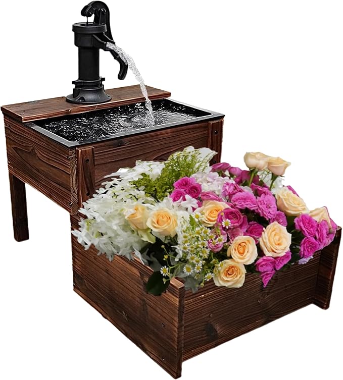 Outdoor Water Fountain，Floor Wooden Rectangular Double-Layer Old-Fashioned Pump Fountain with Flower Box，Plug-in Electric Decorative Hand Pump,Outdoor Water Feature for Garden Patio Backyard - Bloomnest