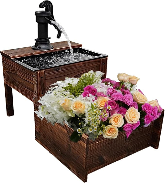 Outdoor Water Fountain，Floor Wooden Rectangular Double-Layer Old-Fashioned Pump Fountain with Flower Box，Plug-in Electric Decorative Hand Pump,Outdoor Water Feature for Garden Patio Backyard - Bloomnest