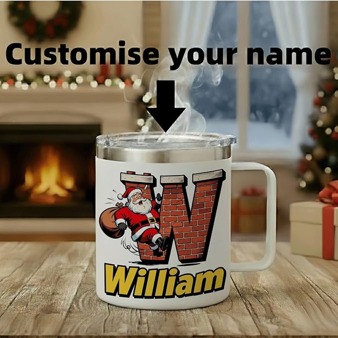 JugJug Personalized Christmas Mug with Initial & Name - Funny Santa Climbing Chimney 12oz Insulated Coffee Cup with Lid - Xmas Gifts for Kids, Boys (B157) - Bloomnest