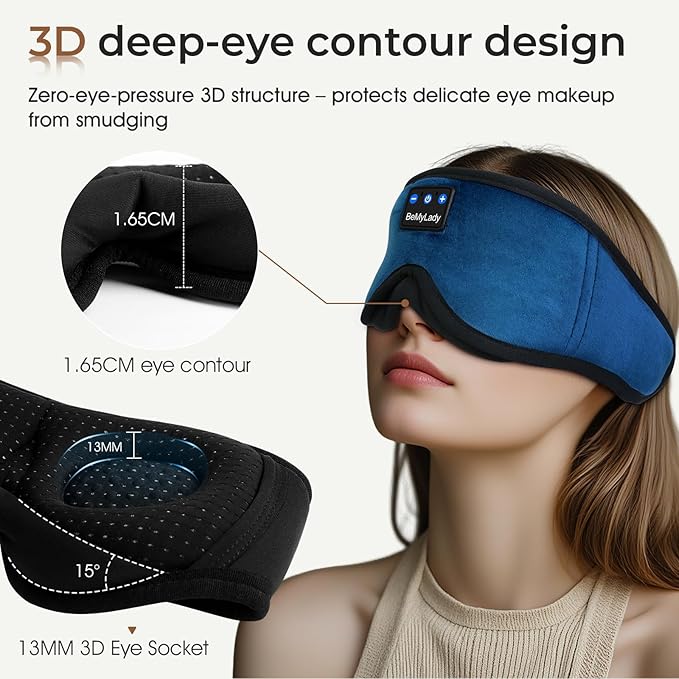 Sleep mask Headphones,100% Blackout 3D Zero Eye Pressure Bluetooth Sleep mask Breathable Eye mask with Bluetooth Headphones Sleep Headphones for Side Sleepers, 14H Playtime&Bluetooth 5.4 Blue - Bloomnest