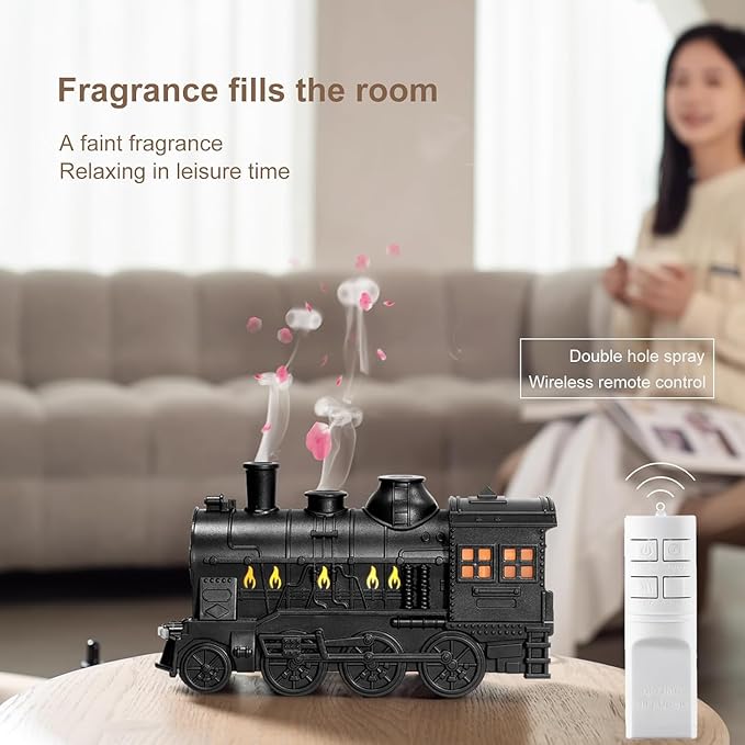 Train Diffuser 300ml, Aromatherapy Diffuser Cool Mist Ultrasonic Aroma Train Diffuser with Remote Control 2 Light 2 Mist Mode Auto Shut-Off for Bedroom Office Hotel(Black) - Bloomnest