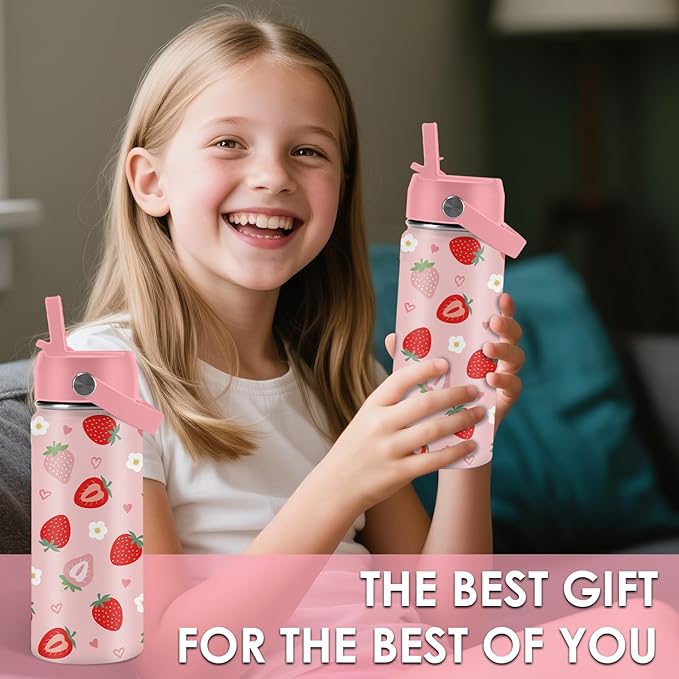 16oz Insulated Water Bottle with Handle & Flip Straw Strawberry-Themed Tumbler, Stainless Steel Heart-Shape Themed Mugs, Gifts for Girls Coworkers, Friend, Travel Cup - Bloomnest