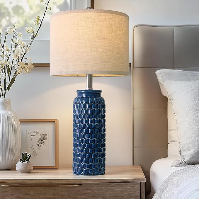 24 inches Modern Ceramic Dark Blue Bedside Lamp Set of 2 for Bedroom Decor Farmhouse Table Lamp for Living Room Office Dorm - Bloomnest