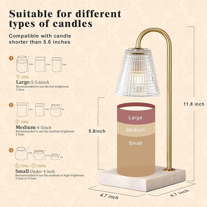 Hong-in Modern Gold and Marble Candle Warmer Lamp with Textured Glass Shade, Elegant Candle Lamp for Bedroom Living Room Kitchen, Luxury Home Decor Accent Lamp,Birthday Gift for Women