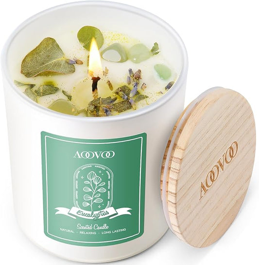 AOOVOO Eucalyptus Mint Scented Candles for Women - Aromatherapy Candle with Crystals Inside, 10oz Soy Candles for Home Scented, Birthday Gifts Christmas Candle for Women Mom - Bloomnest