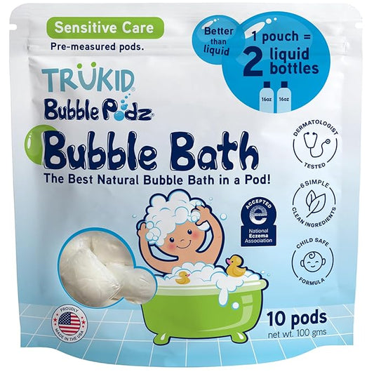 TruKid Bubble Podz Bubble Bath for Kids, Toddlers, & Babies, NEA-Accepted for Eczema, Gentle Refreshing Colloidal Oatmeal Bath Bomb for Sensitive Skin, pH Balanced, Tear Free, Unscented (10 Podz) - Bloomnest