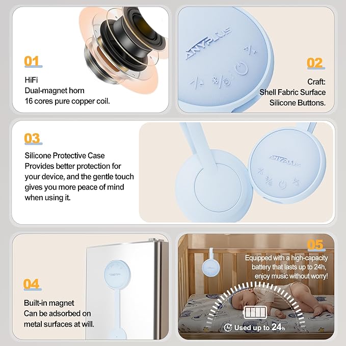 White Noise Sound Machine, Portable Sound Machine for Sleeping Adults & Baby, with Bluetooth 5.1/24 Soothing Sounds/Battery Powered/3 Timer Memory Function for Office/Bedroom/Travel（Blue）