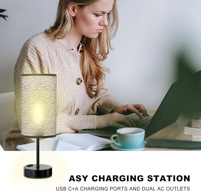 Table Lamp for Bedroom with Touch Control,Bedside Lamp with USB C+A Charging Ports& AC Outlets, Adjustable 3color LED Light for Home Decor/Nightstand/Bedroom/Office,Included Bulb and Fabric Lamp Shade - Bloomnest