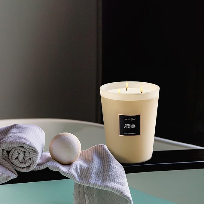 HomeLights Highly Scented Soy Candles Big 33.3 oz for Home. 3 Cotton Wicks, Smokeless Long Lasting 130 hrs in Vanilla Cupcake. 5x6, Great Gift for Women & Men - Bloomnest
