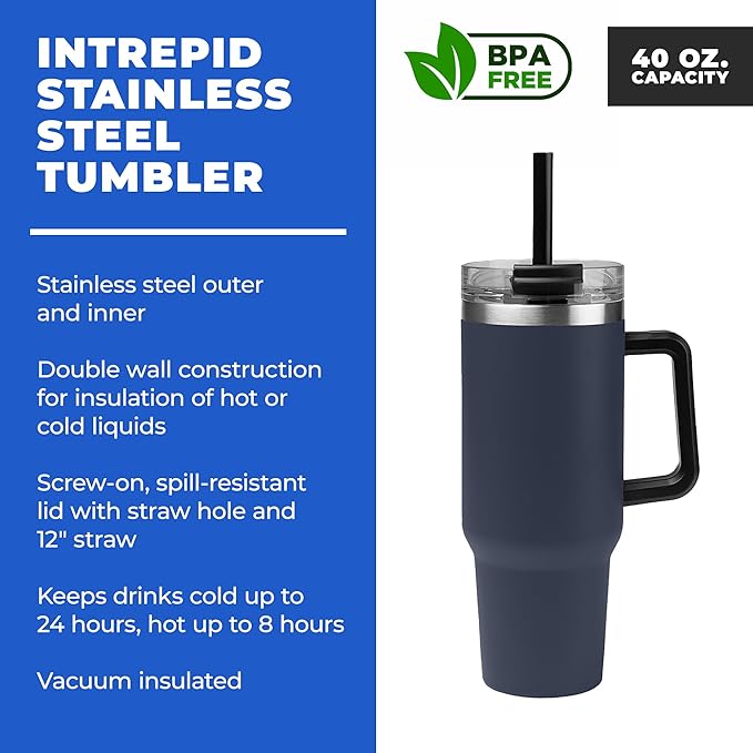 10 Ct of 40 Oz Intrepid Stainless Steel Tumbler with Lid, Straw & Handle – Navy Blue – Customizable Insulated Cups for Water, Coffee, Hot & Iced Drinks – Great for DIY, Events, Work - Bloomnest