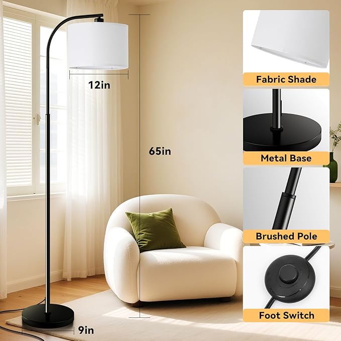Floor Lamp for Living Room,Tall Standing Lamps Dimmable,Modern Floor Light with LED Bulb,3 Color Temperatures,Fabric Shades,Black Floor Lamps for Bedroom Dining Room Office Corner - Bloomnest