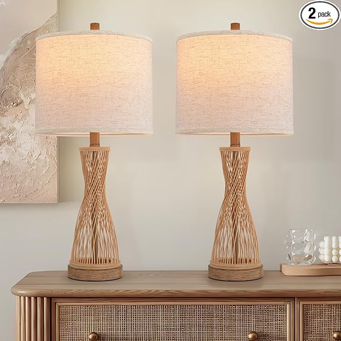 Lamps for Bedroom Wooden Bamboo Strip Table Lamp Farmhouse Bedside Lamps Set of 2 Wood Table Lamp Desk Light Bedroom Lights Bedside Lamps Set of 2,Linen Shade, 25.5 in - Bloomnest