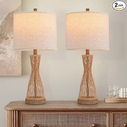Lamps for Bedroom Wooden Bamboo Strip Table Lamp Farmhouse Bedside Lamps Set of 2 Wood Table Lamp Desk Light Bedroom Lights Bedside Lamps Set of 2,Linen Shade, 25.5 in - Bloomnest