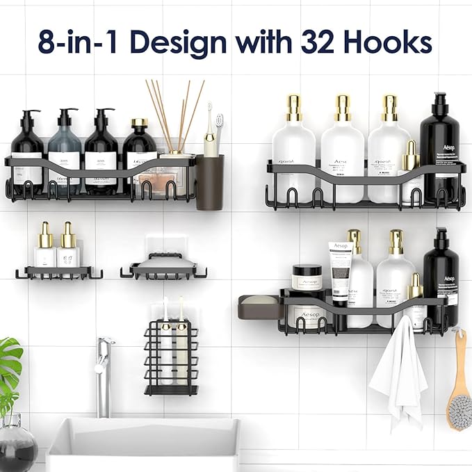 Shower Caddy Adhesive Shower Organizer 8-Pack, Rustproof Stainless Steel Bathroom Shelves, Large Capacity No-Drill Rack Storage Accessories with Soap Dish Toothbrush Holder Hooks - Bloomnest