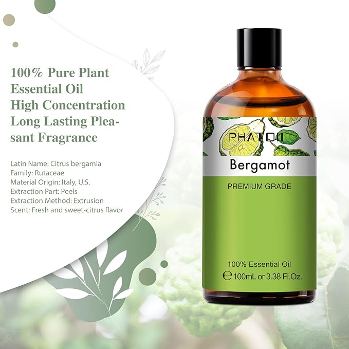 PHATOIL 3.38FL.OZ Bergamot Essential Oil, for Aromatherapy Diffusers, Humidifiers, Great for DIY Candle and Soap Making, Huge 100ML Bottle - Bloomnest