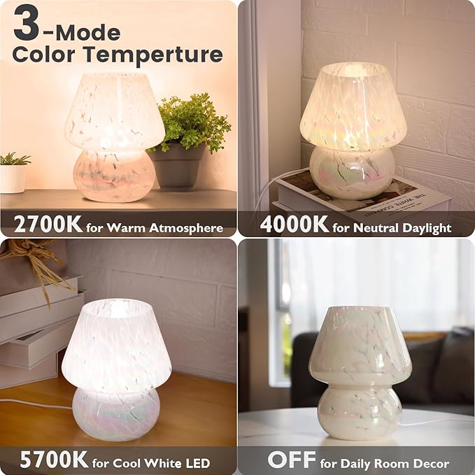 USB Plug-in Mushroom Lamp Small Bedside Table Lamp with 3 Temperature LED Bulb, Free Dimming Nights Light for Bedroom/Living Room/Entryway/Corner Decor or New Home Gift(Rainbow White) - Bloomnest