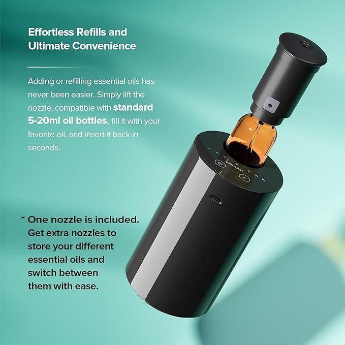 Waterless Essential Oil Diffuser for Home Aromatherapy Car Nebulizing Diffuser Battery Operated 5-20mL Mini Scent Air Machine Up to 600 sq ft 4 Countdown Timers and 3 Mist-Level (AN7 Black) - Bloomnest