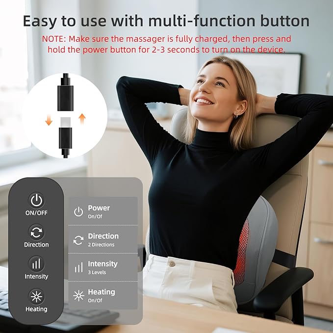 Rechargeable Back and Neck Massager with Heat – New Upgrade Deep Tissue 4D Kneading Massage Pillow for Pain Relief, Electric Shoulder Massager for Neck, Lower Back, Legs, Gifts for Men Women - Bloomnest