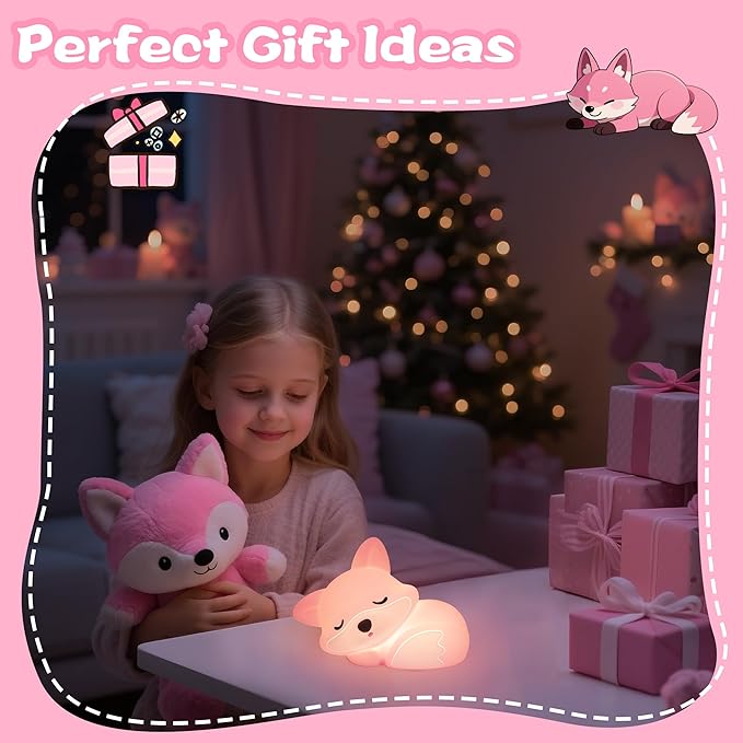 YuanDian Fox Night Light for Girls, Squishy Fox Silicone Lamp Novelty Gifts, Rechargeable Dimmable Timer Bedside Touch Nightlight for Breastfeeding Toddler Baby Kids - Bloomnest