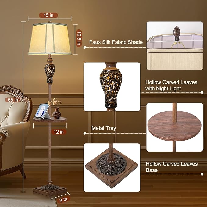 65" High Vintage Floor Lamp with Night Light and Glass Tray, Farmhouse Standing Lamp with Beige Faux Silk Shade, Retro Rustic Tall Lamp Decor for Living Room, Bedroom, Bedside, Corner (Bulb Included) - Bloomnest
