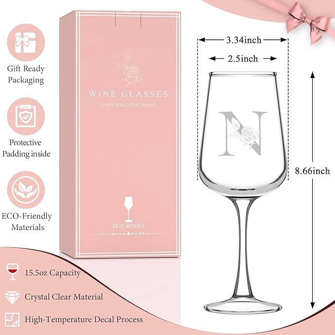 Valentines Day Gifts for Her Women - Personalized Initial Wine Glasses Custom Gift, Galentines Gift Christmas Mothers Day Birthday Gifts for Women Her Mom Wife Best Friend Sister (N) - Bloomnest