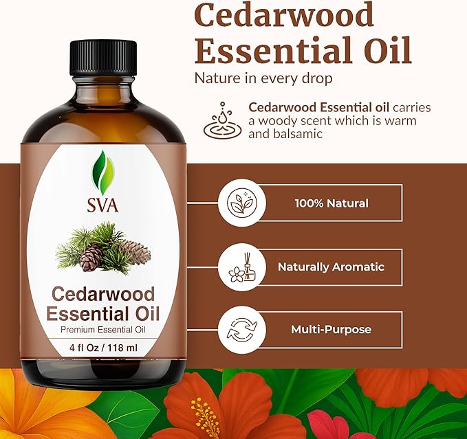 SVA Cedarwood Essential Oil – 4 Fl Oz – 100% Natural Cedar Cupressus Funebris Oil - for Diffuser, Hair Care, Face, Skin Care, Aromatherapy, Scalp and Body Massage, Soap and Candles - with Dropper - Bloomnest