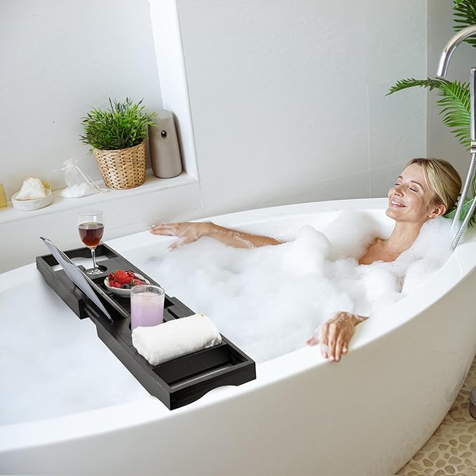 Utoplike Bamboo Bathtub Tray Caddy, Black Bath Tray Table for Tub, Adjustable Bathroom Organizer with Book Tablet Wine Glass Cup Towel Holder - Bloomnest