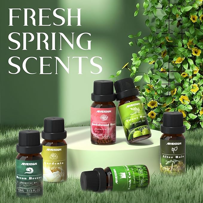 Spring Essential Oils Set, ARVIDSSON Natural Fragrance Oil for Diffuser, Candle Making - After Rain, Ocean Breeze, Fresh Cut Grass, Gardenia, Sweet Pea, Rose Sandalwood, Spring Scented Oil Gift Set - Bloomnest
