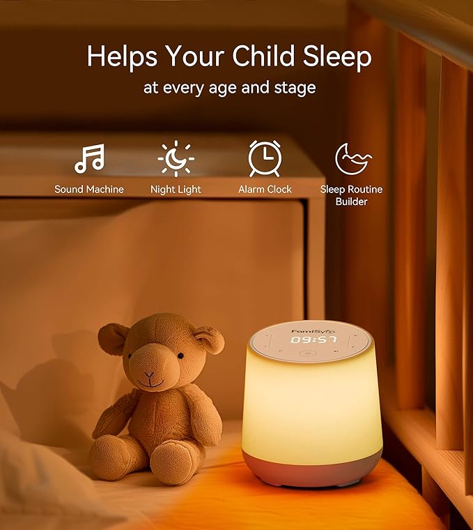 FamiSym White Noise Machine for Baby & Kids, Nursery Night Light & Alarm Clock, Dimmable Clock & Temperature Display, 34 Soothing Sounds, Toddler Sleep Trainer