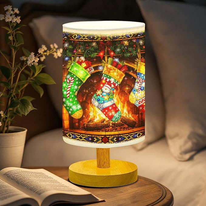 Stocking Hangs from a Cozy Fireplace Mantel Table Lamp LED 3-Color Pressed Bedside for Merry Christmas, Stocking Shade Christmas Table Lamp with Wood Base for Bedroom Living Room Desk Office - Bloomnest