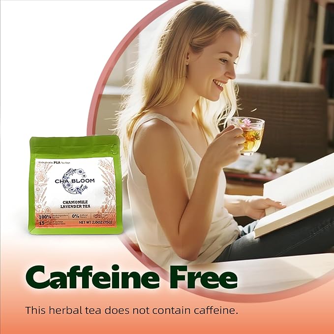 CHA BLOOM Chamomile Lavender Herbal Tea Bags, Caffeine-Free Blend, 15 Sachets, 75g Resealable Bag - Bloomnest